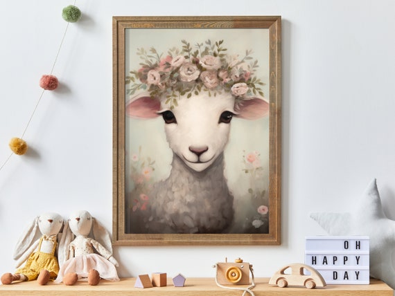 Lamb With Floral Crown Animal With Flower Crown Nursery Animal Art Sheep Wall Decor Cute Vintage Animal Print Art