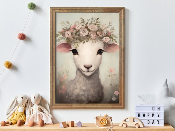 Smiling Lamb Wearing a Pink Flower Crown Nursery Animal Poster