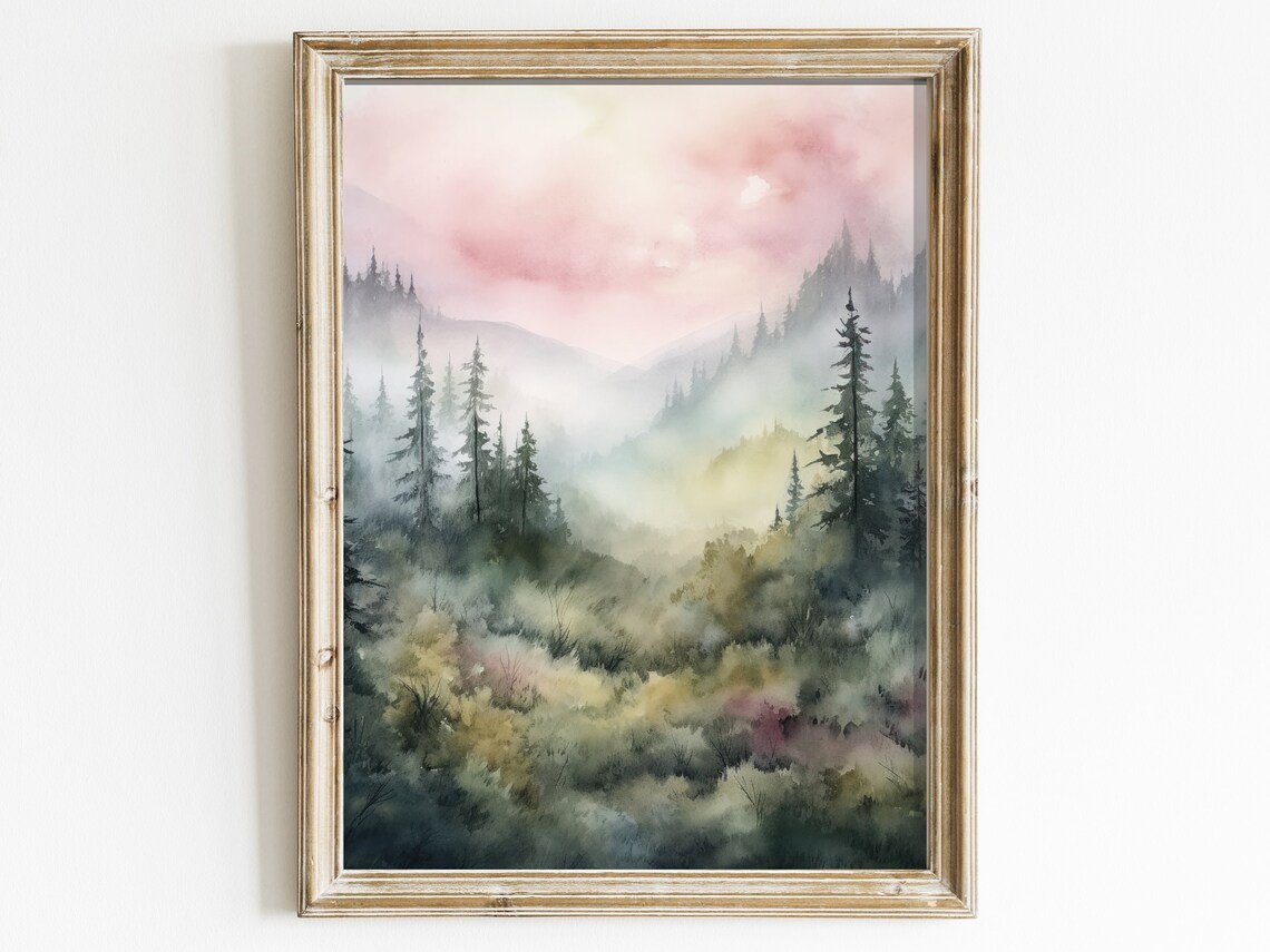 Watercolor Forest Nature Print, Misty Mountain Landscape