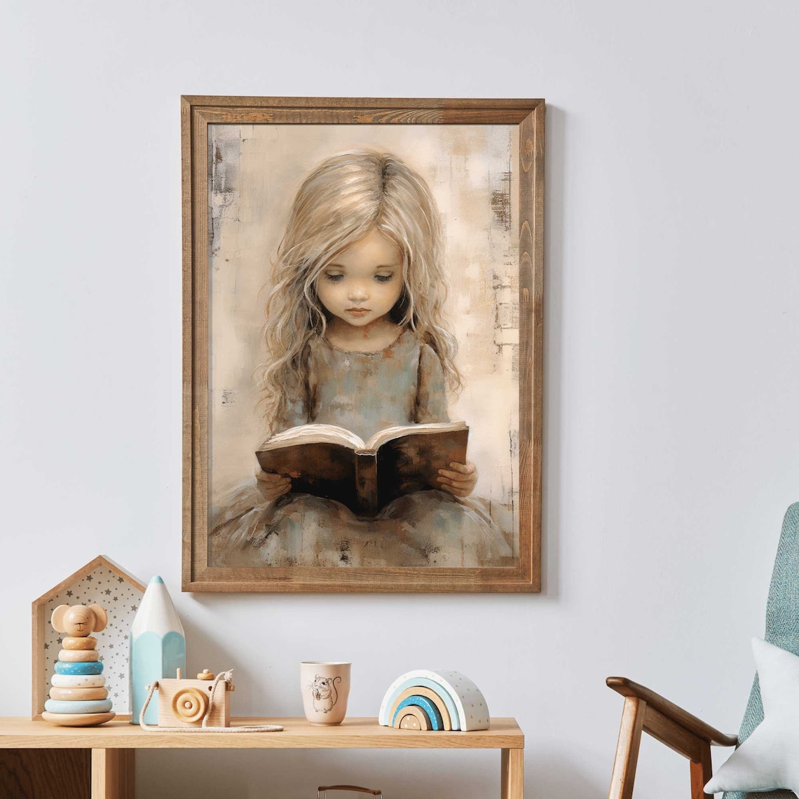 Little Girl Reading A Book In Soft Painterly Vintage Style Art Print - Image 2