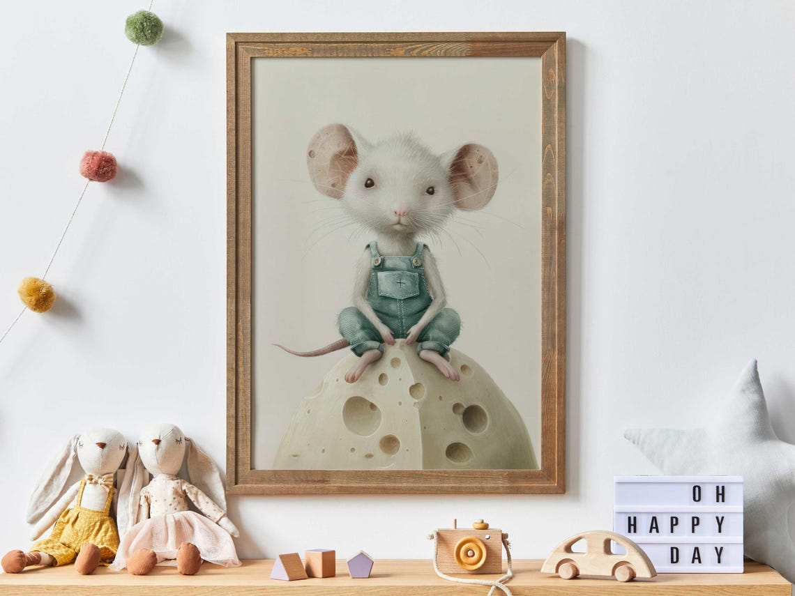 White Mouse in Overalls Sitting on Giant Cheese Whimsical Poster