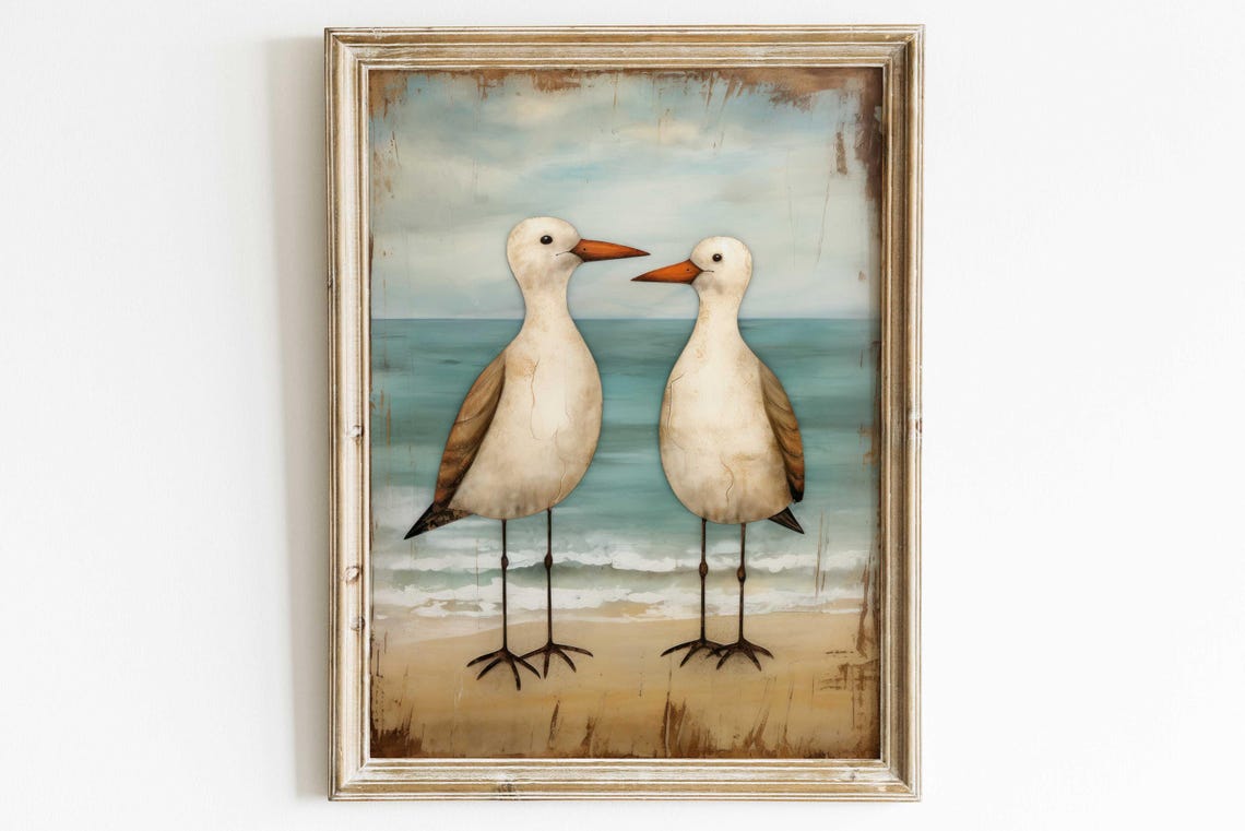Two Seagulls Facing Each Other on Sandy Beach Coastal Art Poster