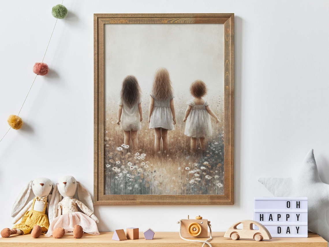 Three Sisters Standing Together in a Wildflower Meadow Poster