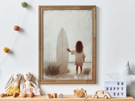 Little Girl Standing With A Surfboard On The Beach Surf Nursery Poster
