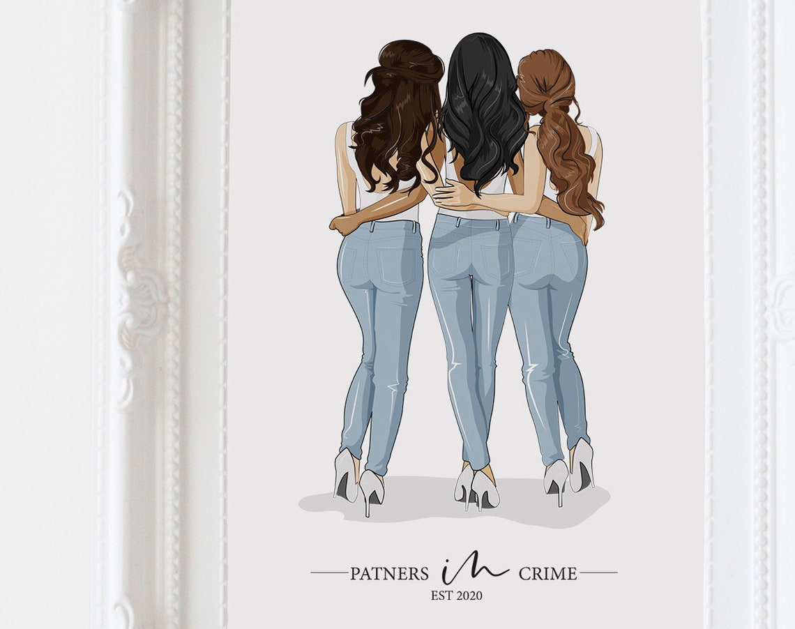 Partners in Crime Three Best Friends Personalized Gift Art Print