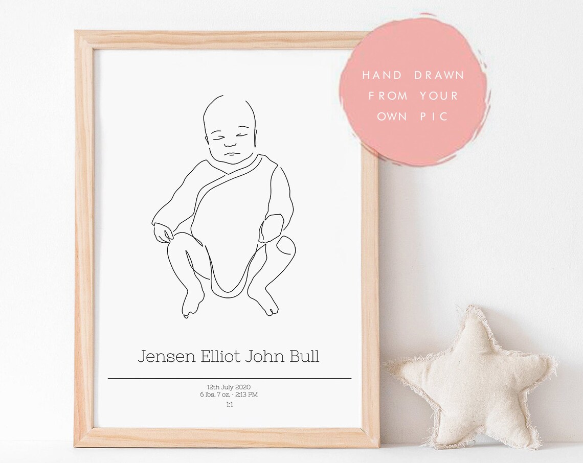 Sleeping Newborn Line Art Birth Stats Print with Custom Baby Details