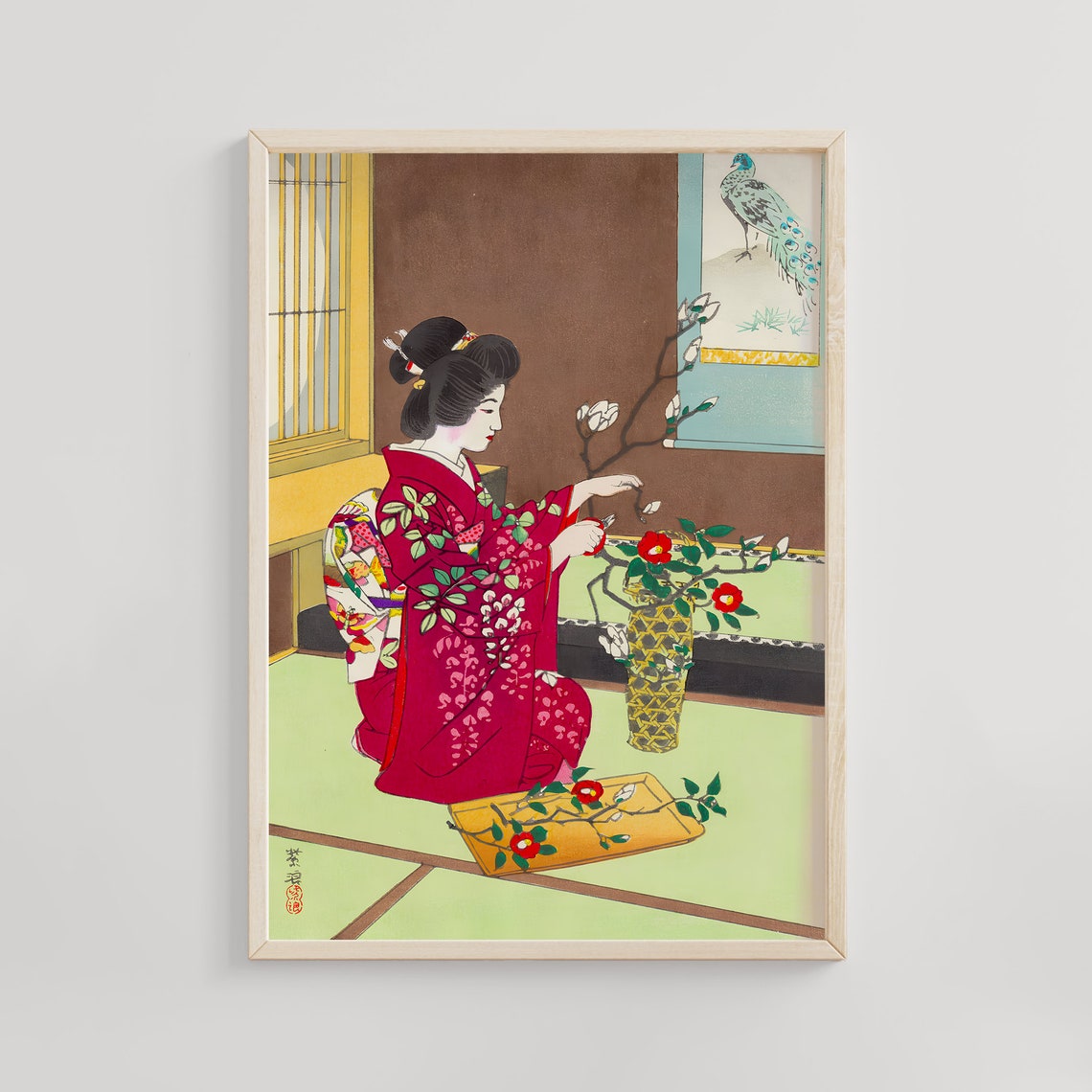 Geisha in Red Kimono Arranging Camellias Peacock Scroll Poster
