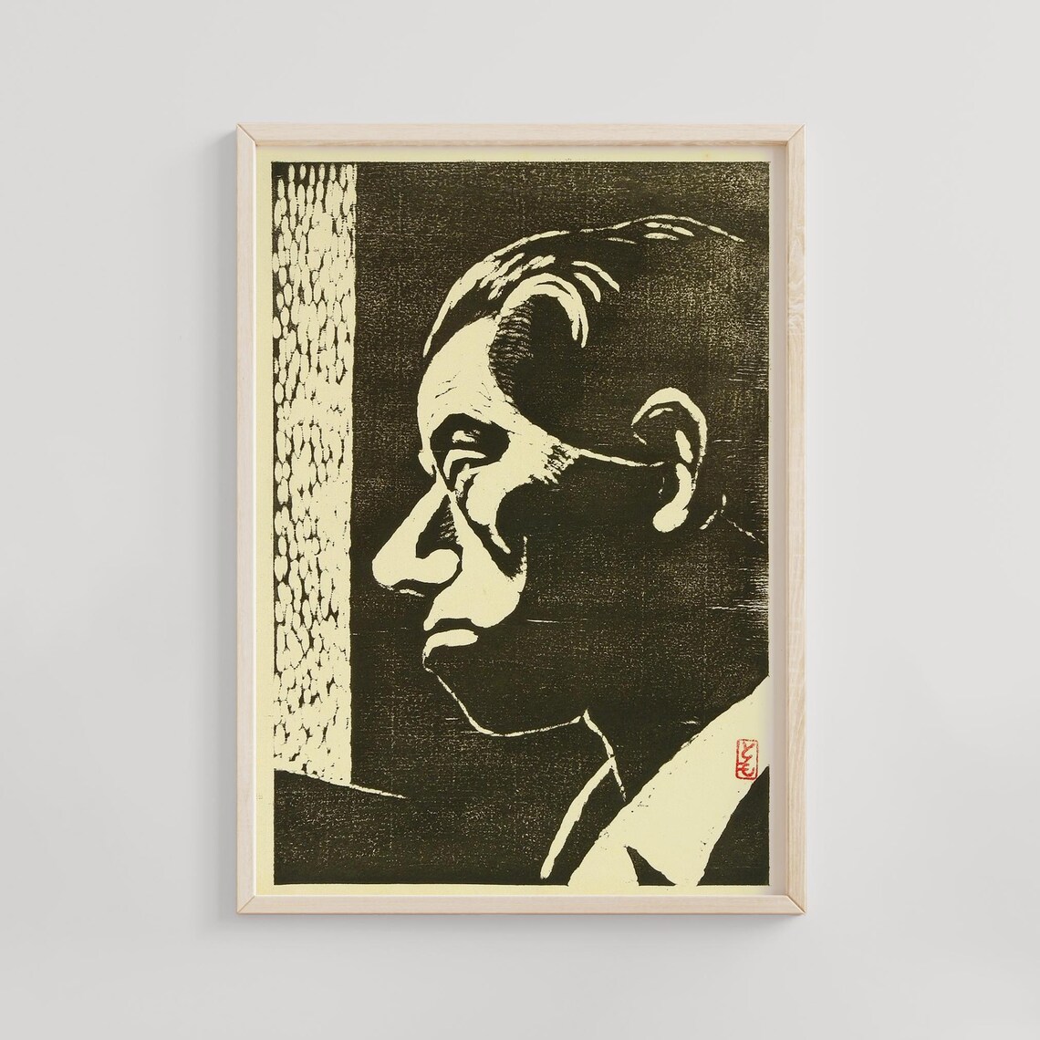 Black Ink Profile Portrait Man Inagaki Tomoo 1950 Woodblock Art Poster