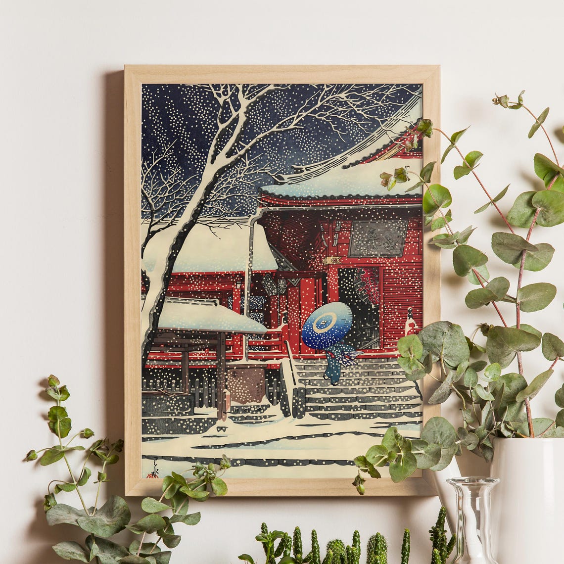 Kawase Hasui Snow at Kiyomizu Hall Ueno Red Temple Winter Scene Poster
