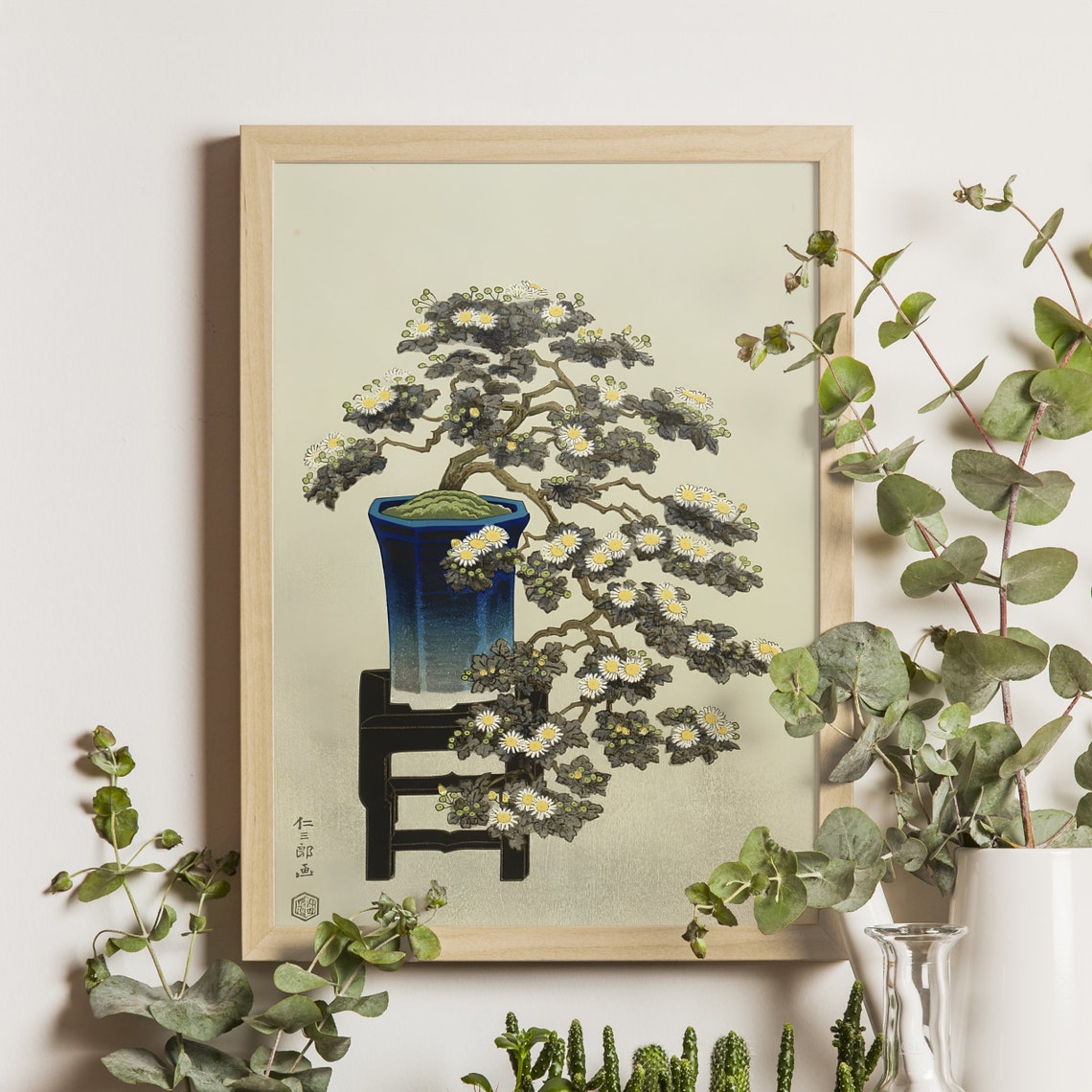 Chrysanthemum Bonsai Tree in Blue Vase Japanese Vintage Wall Art