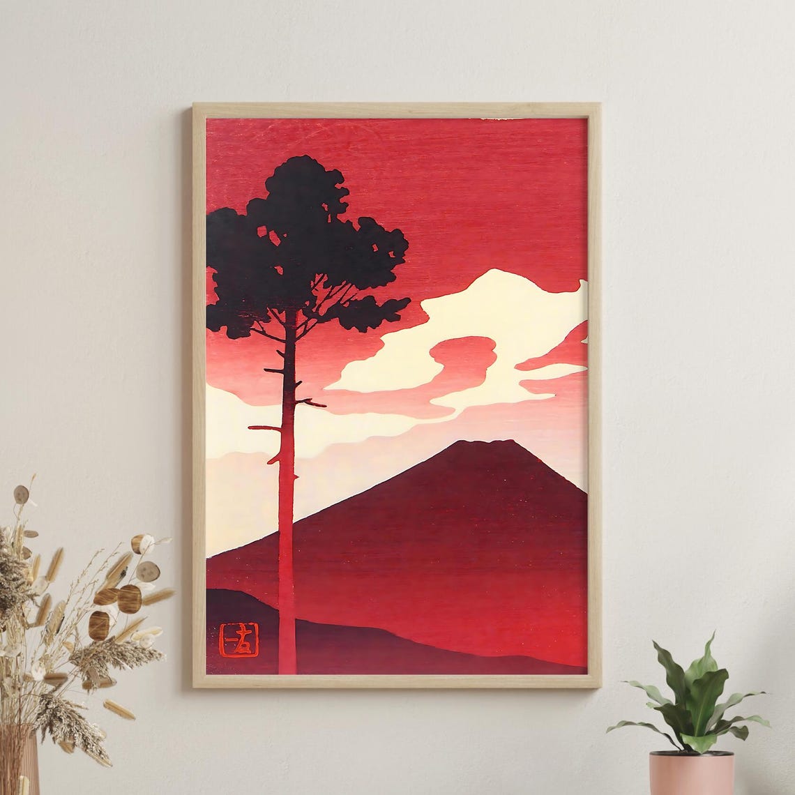Crimson Mount Fuji with Lone Pine Tree Sunset Woodblock Poster