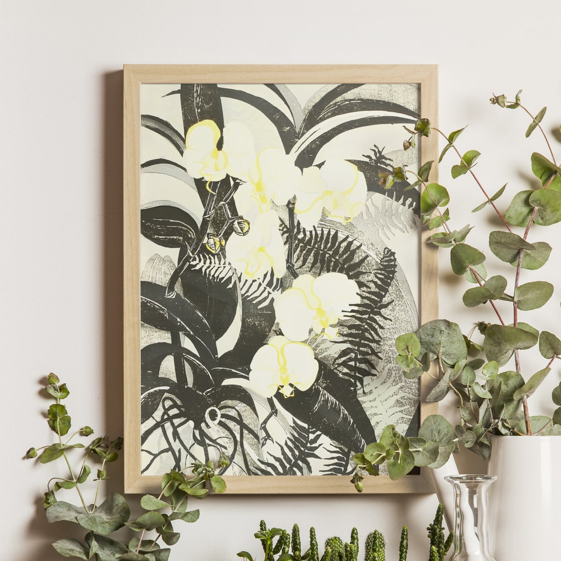 White Orchid Blossoms Dark Tropical Leaves Botanical Art Poster