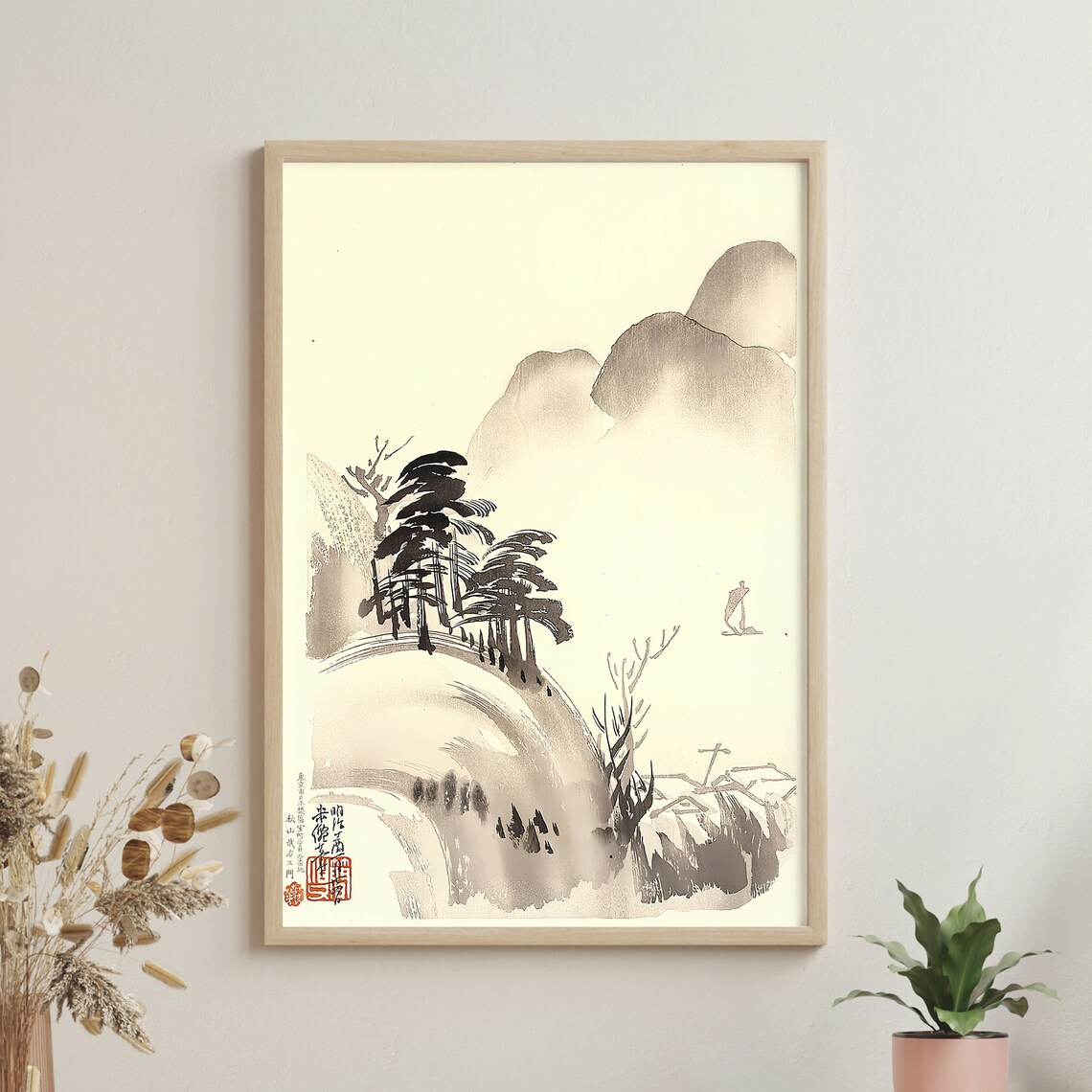 Ink Wash Mountain Pine and Fisherman Boat Minimalist Woodblock Poster