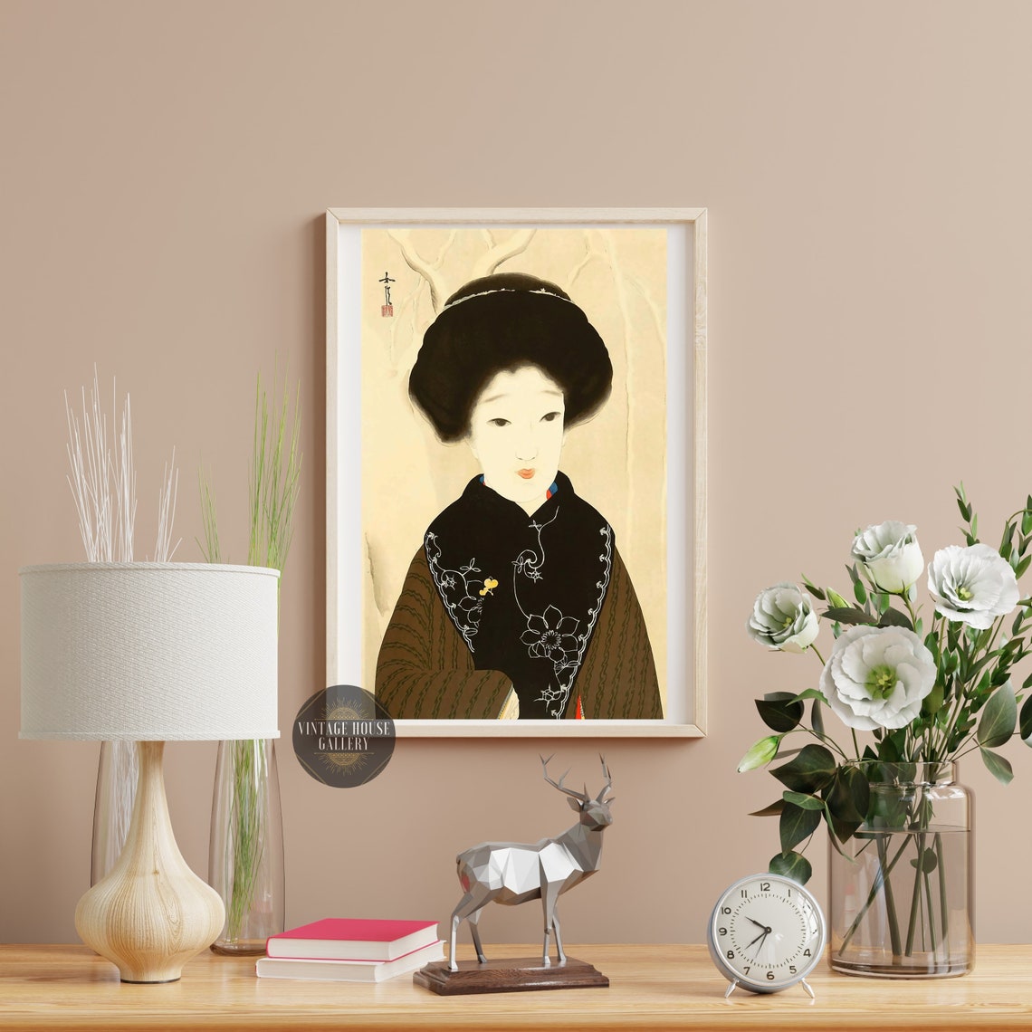 Japanese Geisha Portrait In Embroidered Black Robe Woodblock Poster