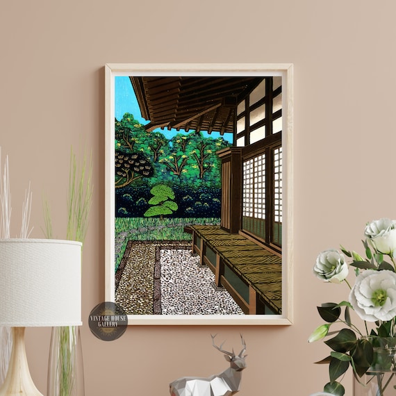 Japanese Temple Veranda Overlooking Green Garden Woodblock Poster