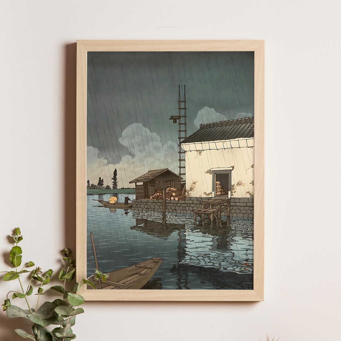 Kawase Hasui Rain at Ushibori 1925 River Boats Stormy Sky Poster