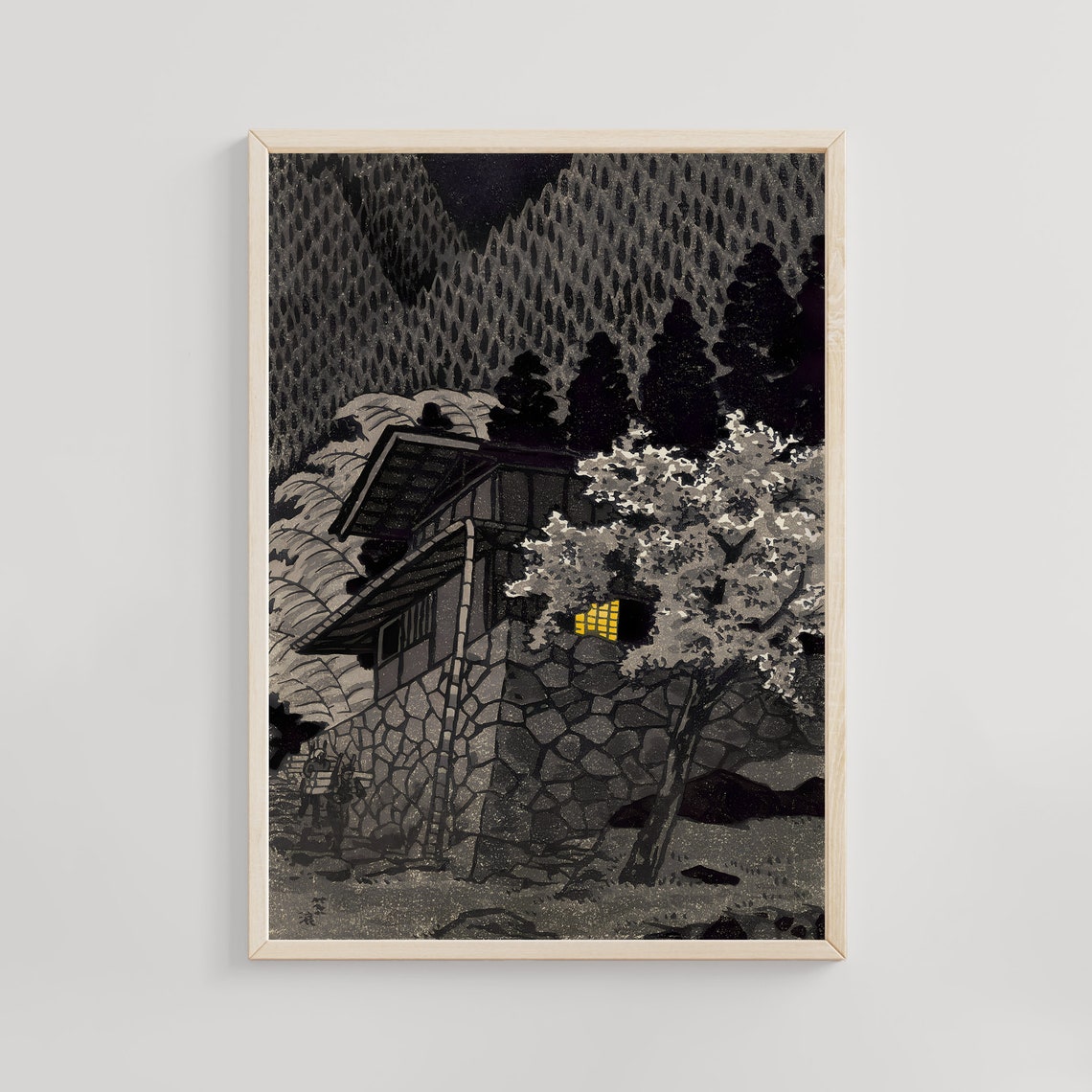 Shiro Kasamatsu Mountain Hut Night Lit Window Cherry Tree Poster