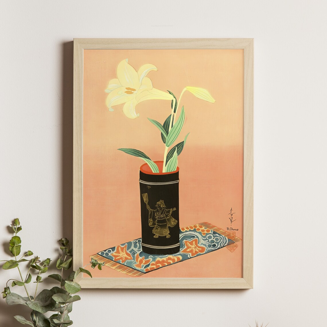 White Lily in Black Bamboo Vase Still Life Japanese Woodblock Poster
