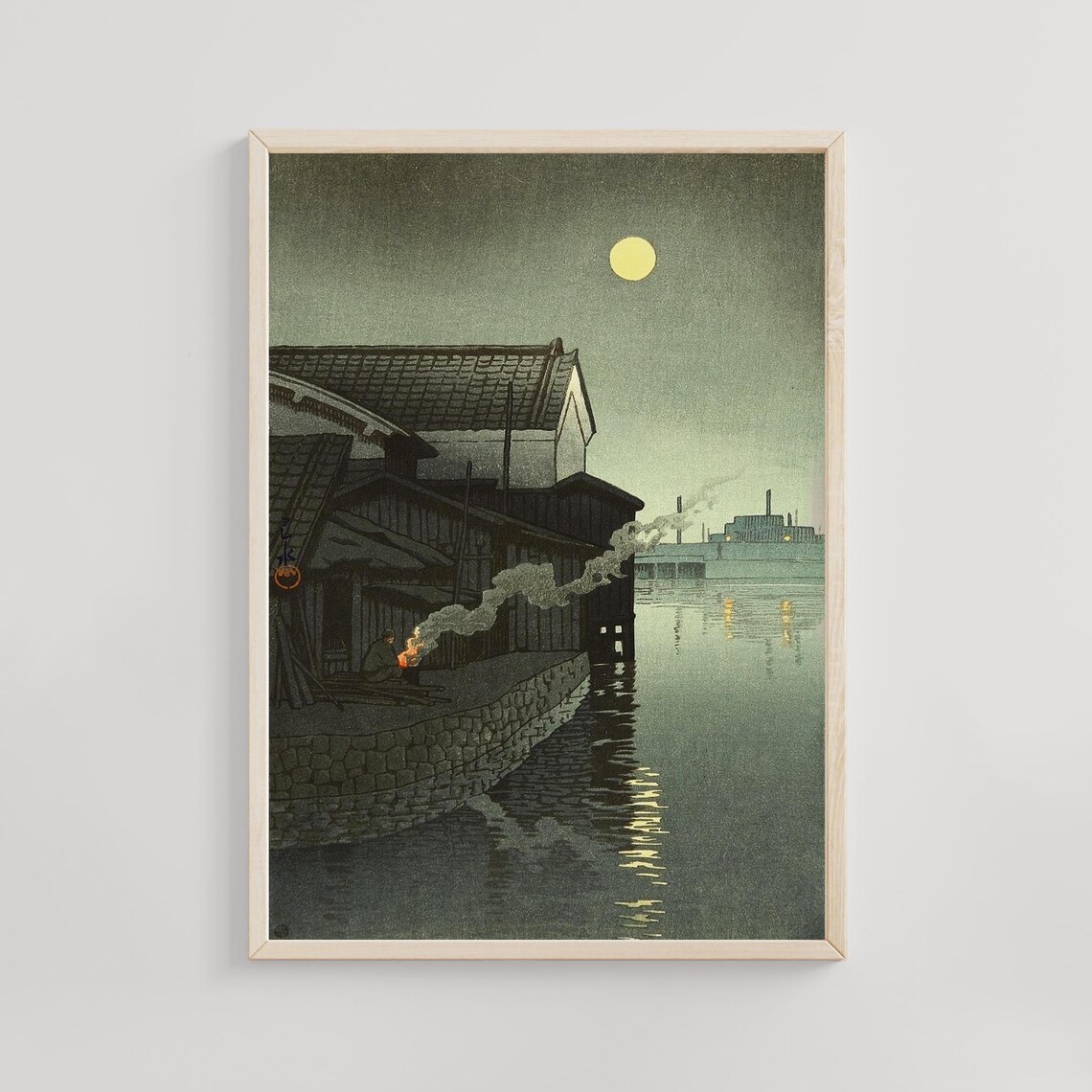 Kawase Hasui Amagasaki Night Canal Moon Boathouses Woodblock Poster