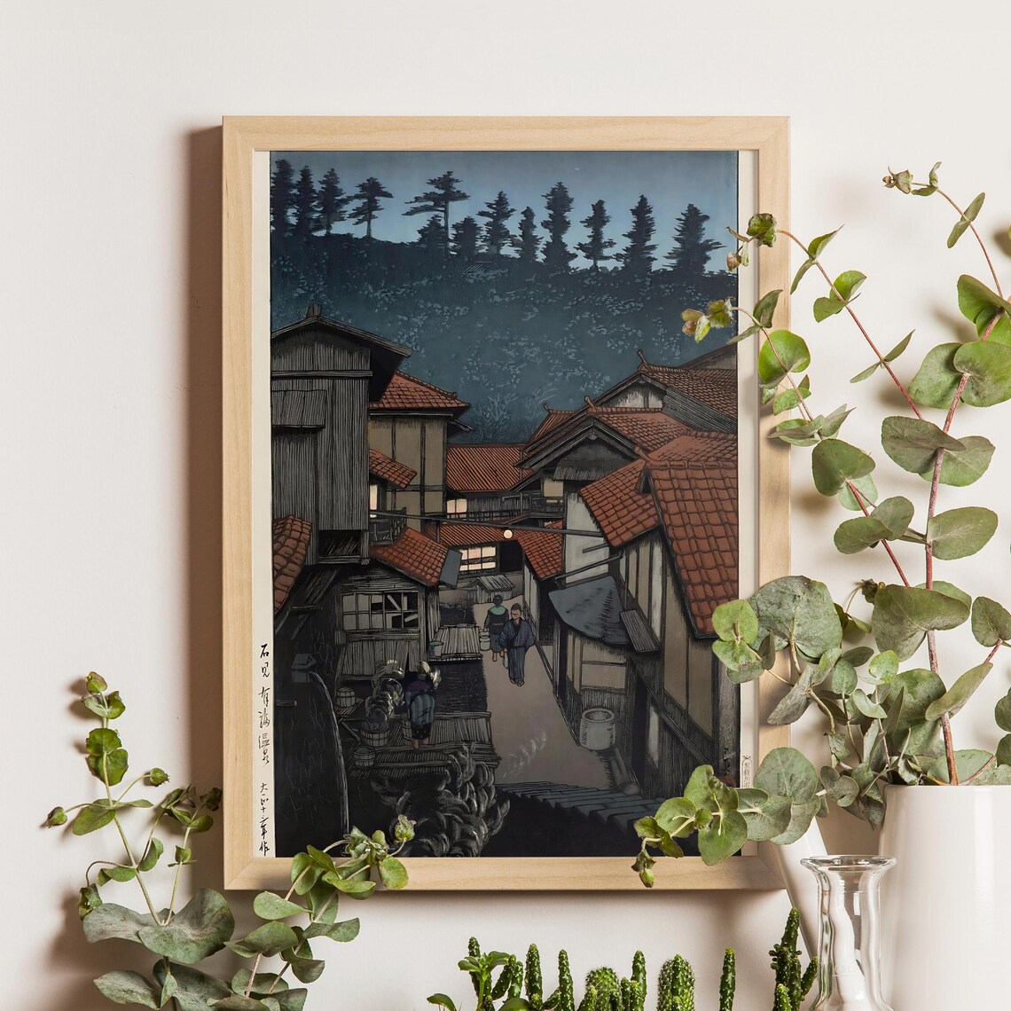 Old Village Lane at Night with Lit Windows and Pine Hill Print