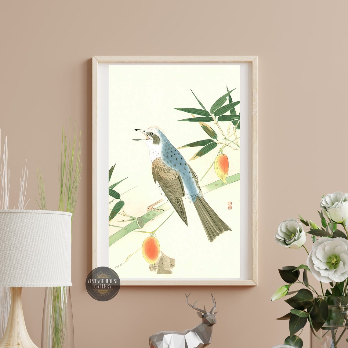 Fukuda Suiko Brown Eared Bulbul Singing on Bamboo Japanese Poster