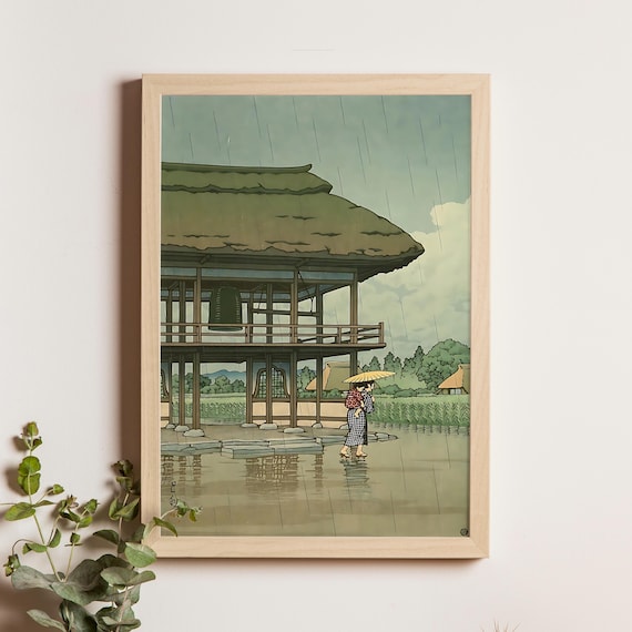 Kawase Hasui Genzoji Temple Bell Tower in Rain 1950 Woodblock Poster