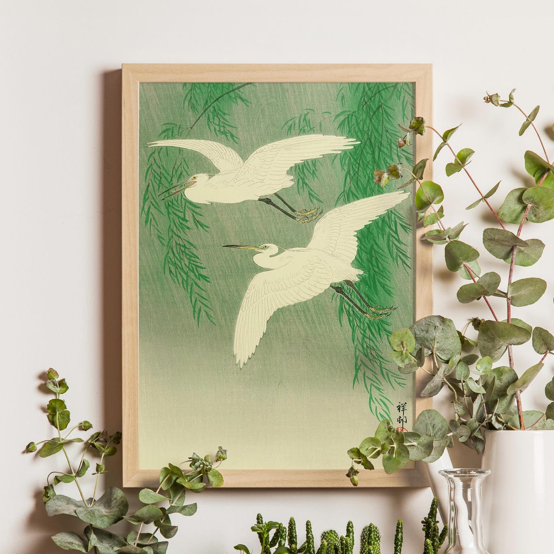 Two White Egrets Flying Past Willow Japanese Woodblock Poster