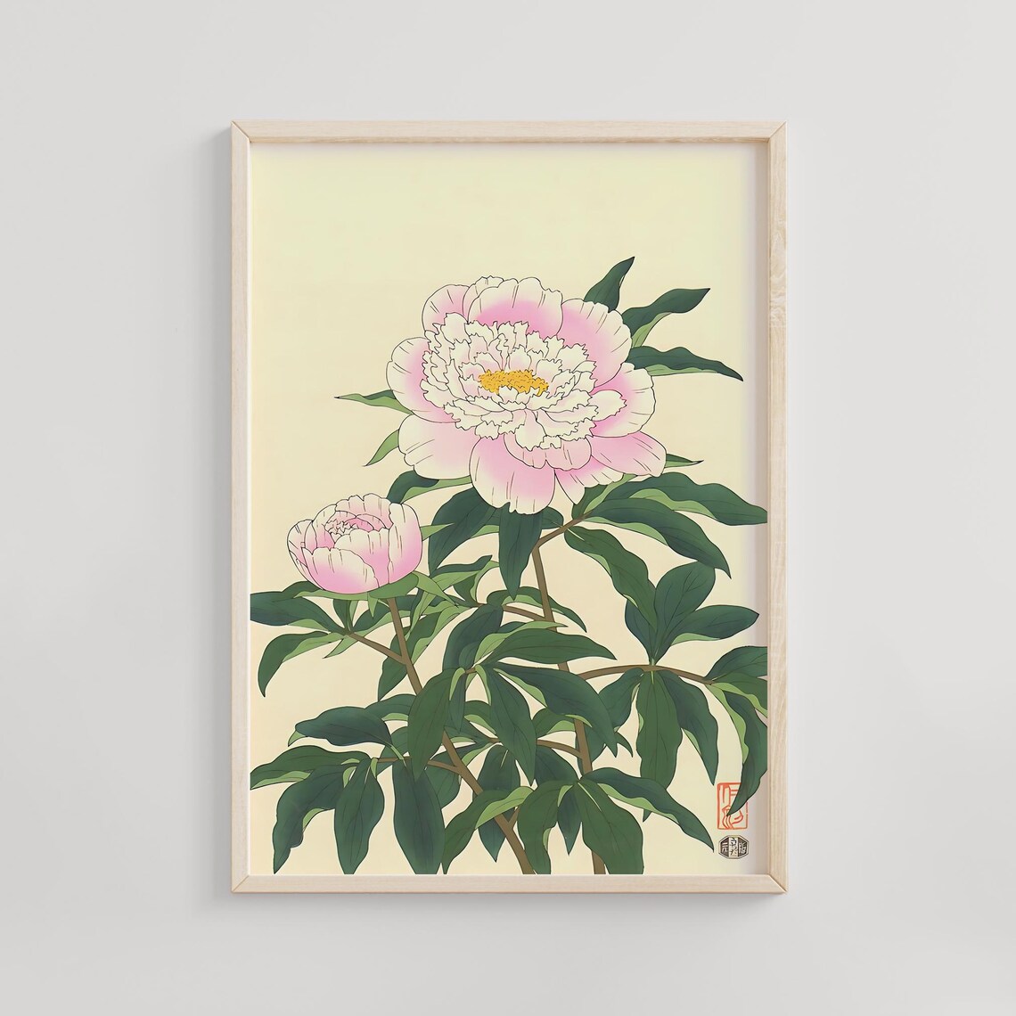 Pink Peony Blooms on Cream Japanese Botanical Woodblock Poster