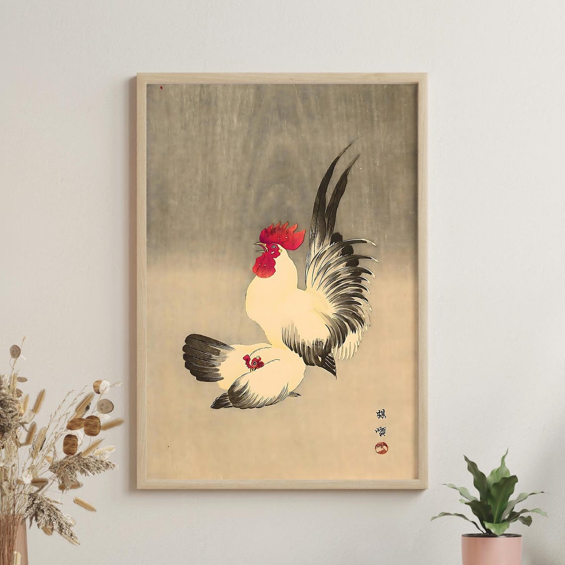 White Rooster and Hen with Red Combs Japanese Bird Woodblock Poster