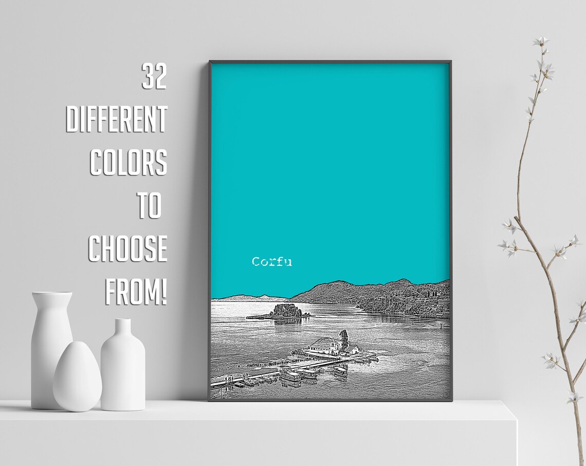 Corfu Greece Teal Skyline City Print Minimal Modern Wall Decor - Image 3