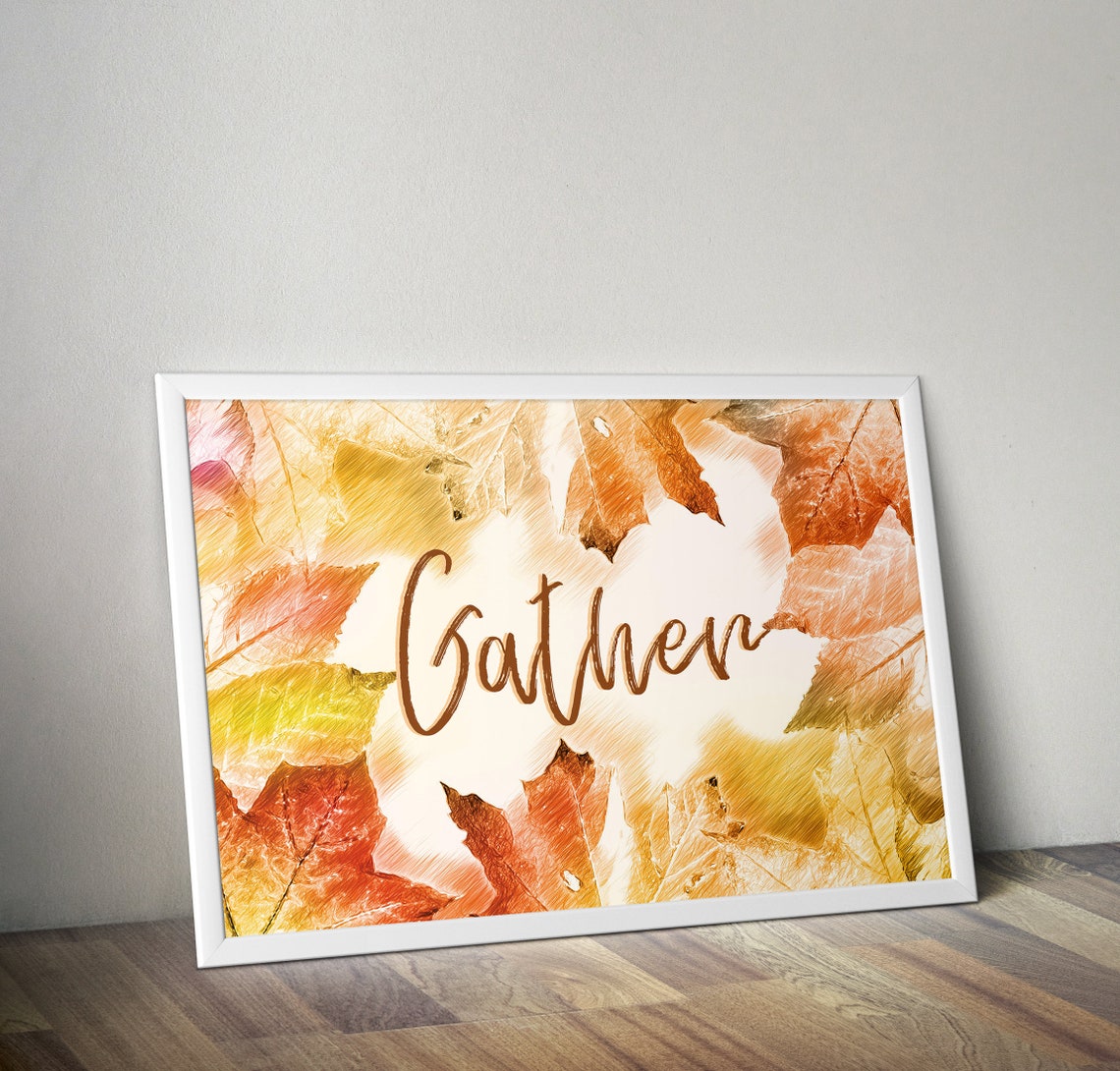 Gather Script Watercolor Autumn Leaves Thanksgiving Poster Art - Image 2