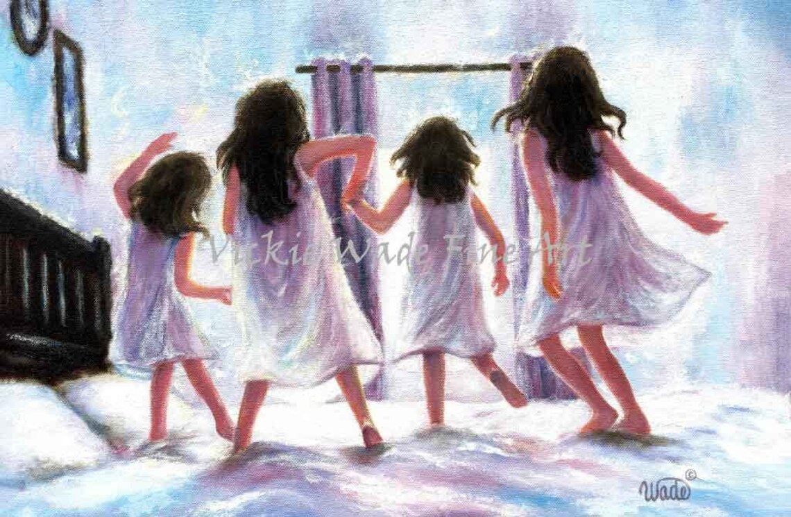 Four Young Sisters In White Nightgowns Dancing On The Bed Poster