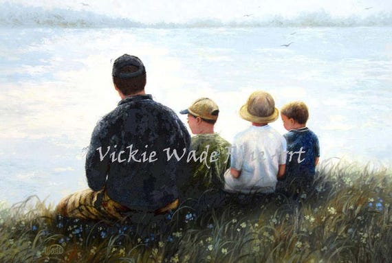 Father And Three Sons Art Print Xl Dad And Three Sons Sitting By Lake Father Mother Three Boys Family By Lake Gray Hair Vickie Wade Art