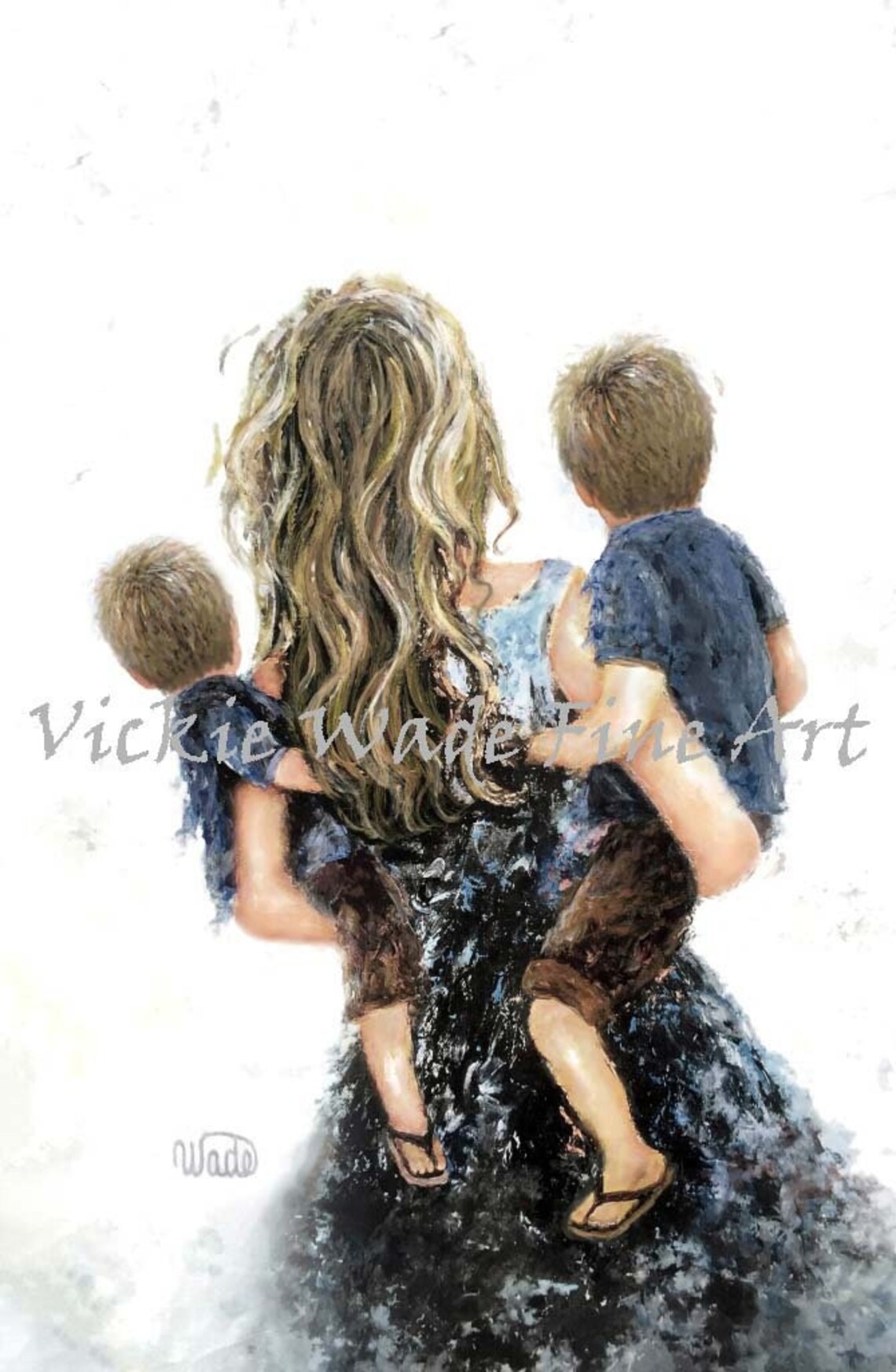 Blonde Mother Carrying Two Little Sons on Her Hips Watercolor Poster