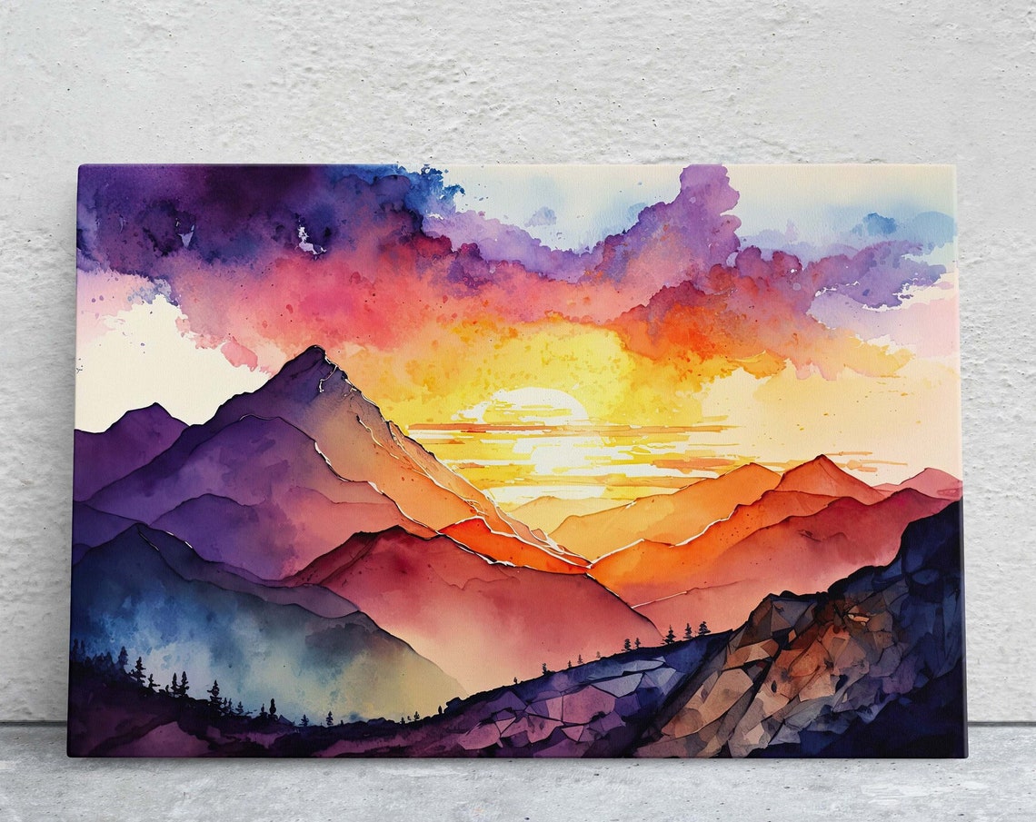 Watercolor Mountain Sunset Vibrant Pink Purple Peaks Valley Poster