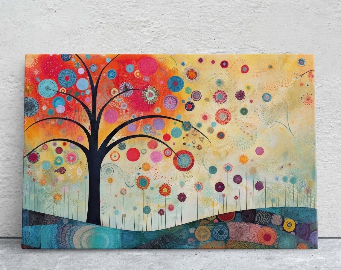 Whimsical Tree Of Life Colorful Circle Blossoms Sunset Meadow Poster