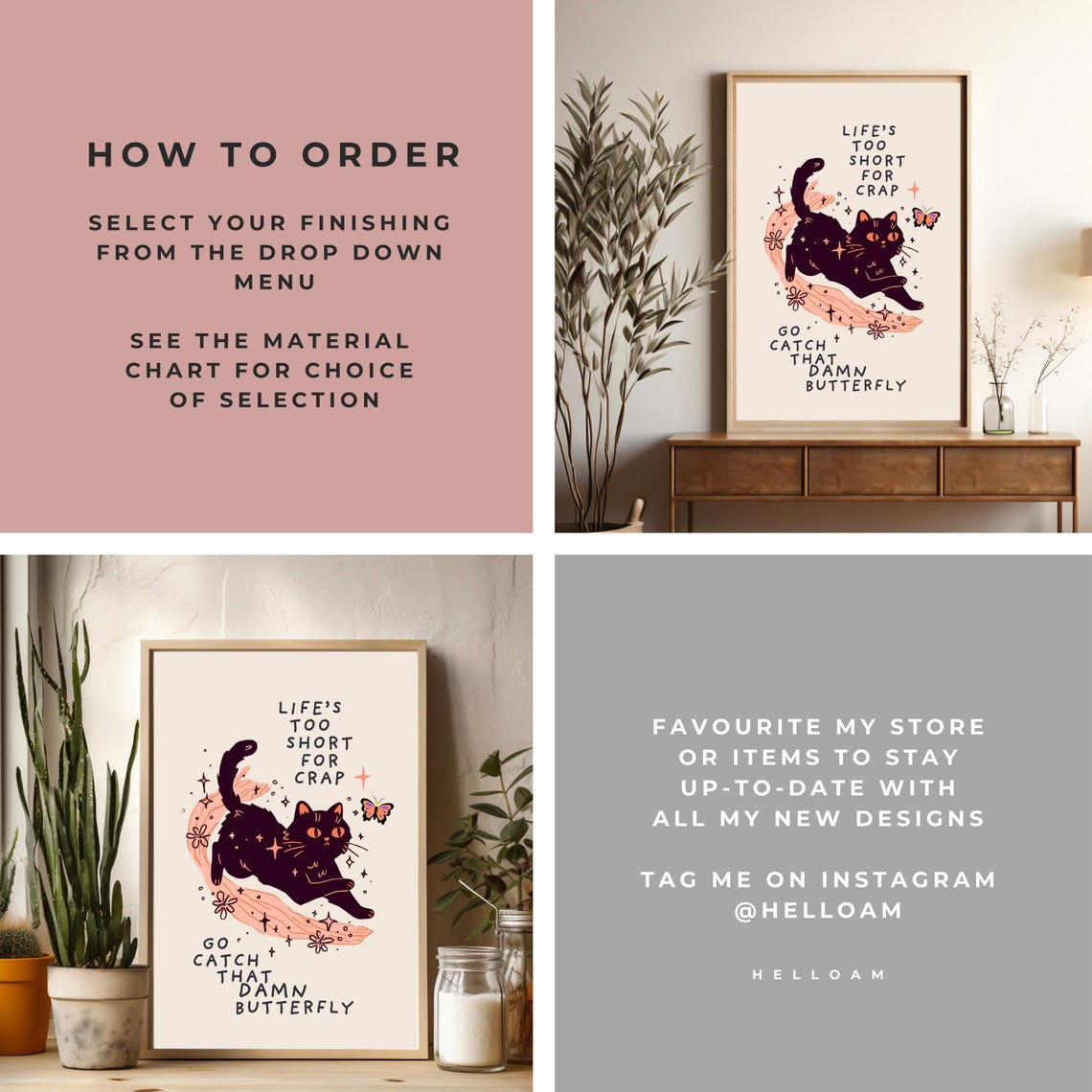 Life Is Too Short Go Catch That Damn Butterfly Black Cat Quote Poster - Image 3