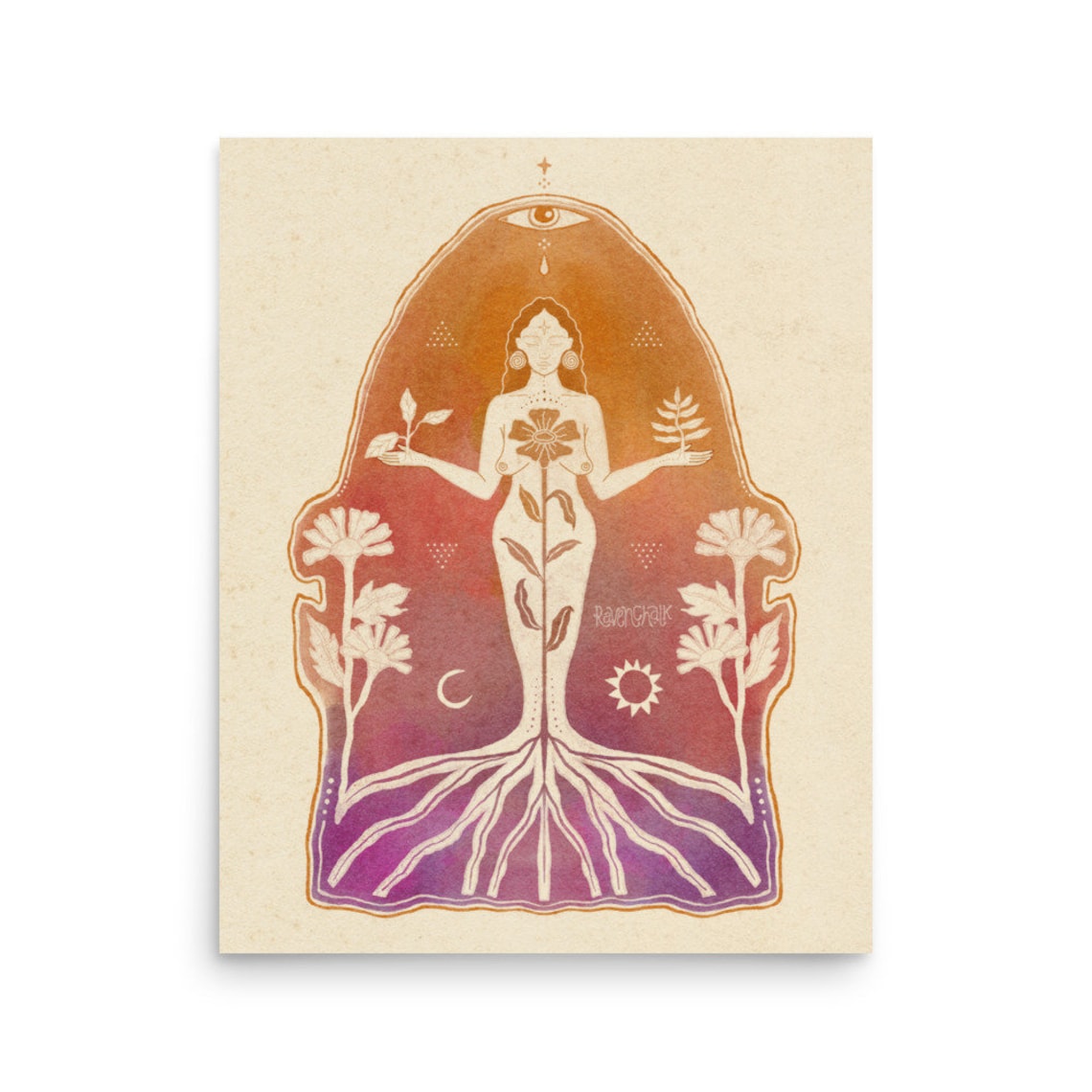 Self Love Mother Nature Goddess Art Print, Folk Style