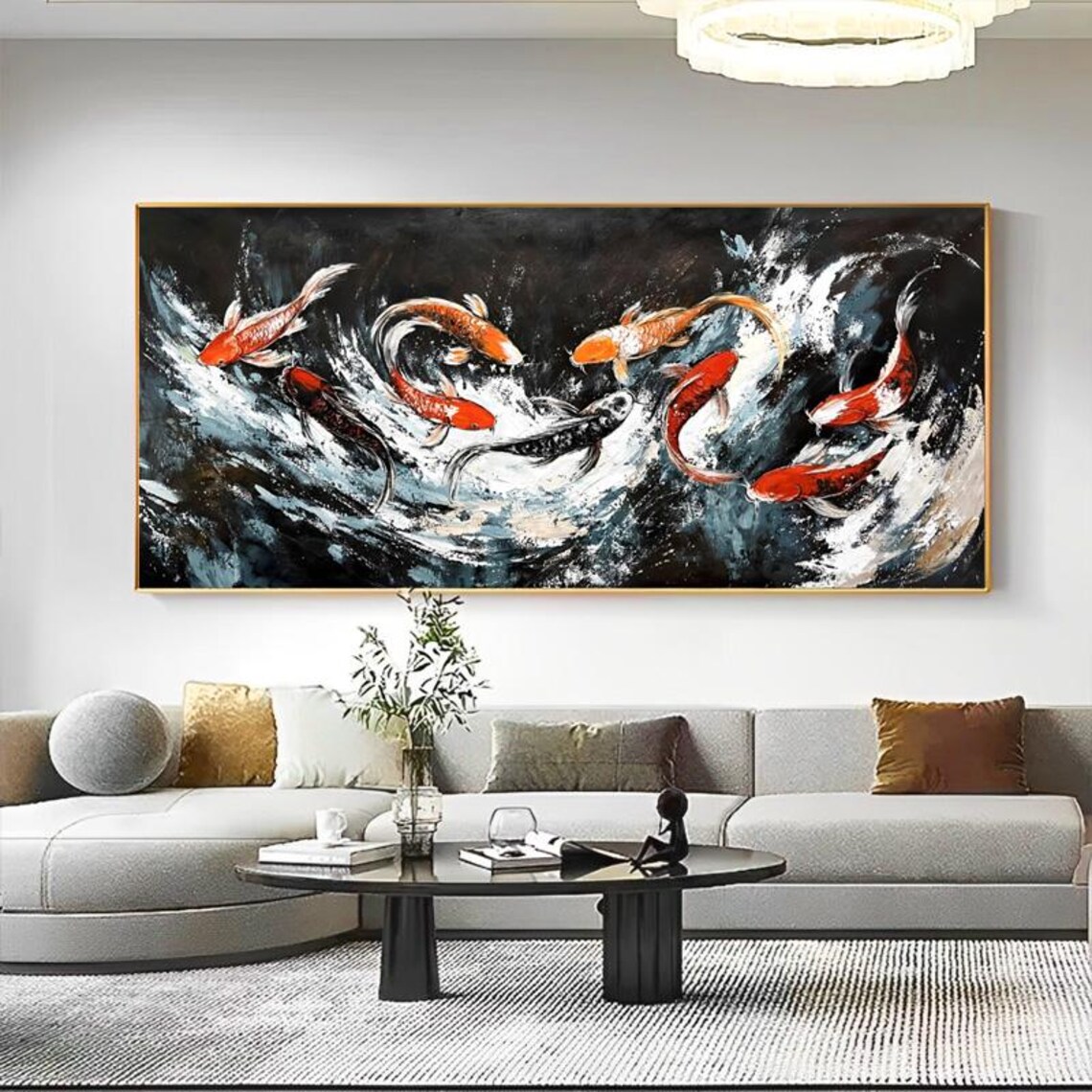 Nine Abstract Koi Oil Painting, Living Room Wall Art - Image 5