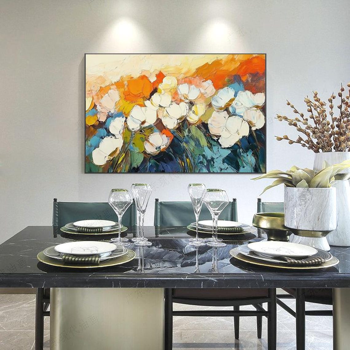 White Anemone Flowers Over Orange Blue Abstract Thick Paint Art Poster - Image 5