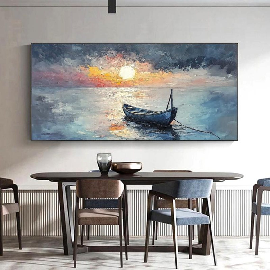 Lone Wooden Boat Drifting Under Moonlight On Calm Night Sea Art Poster - Image 5