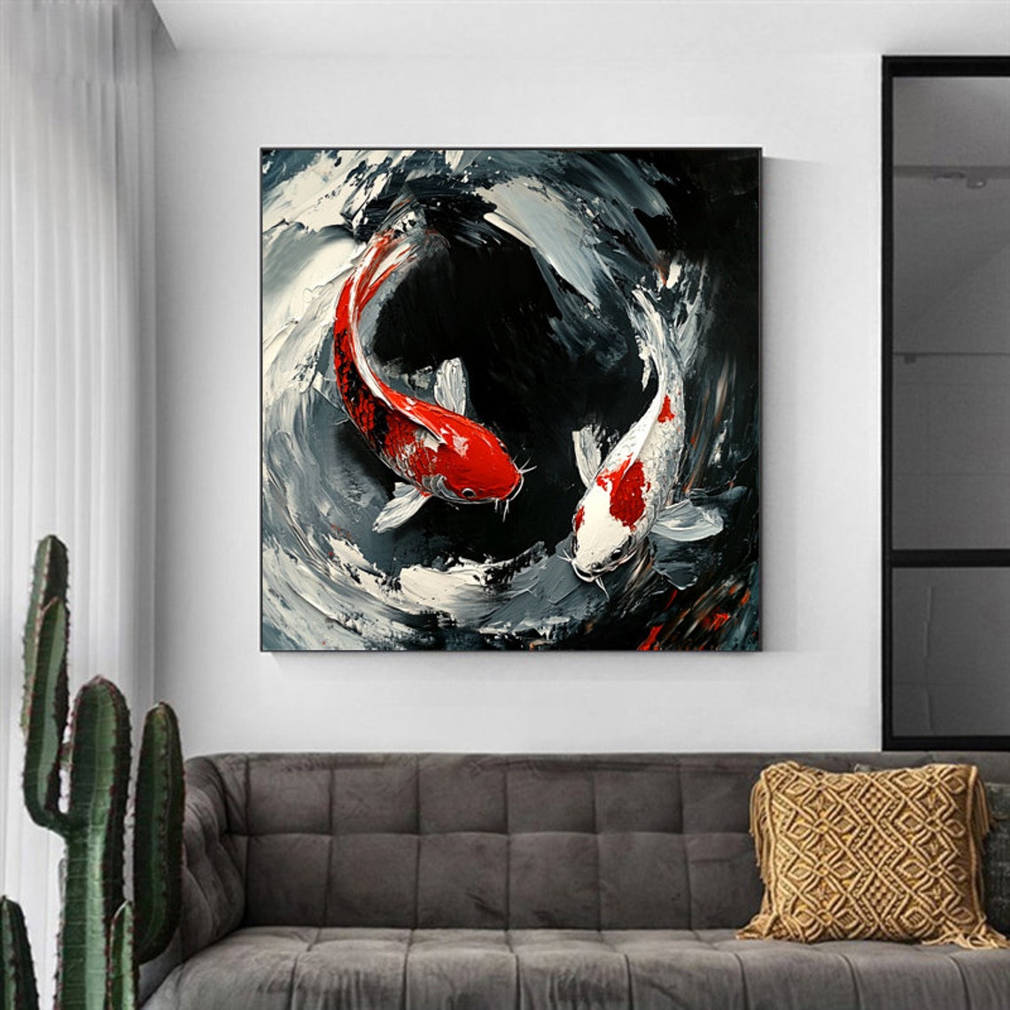Red And White Koi Fish Circling In Dark Swirling Water Art Poster - Image 4