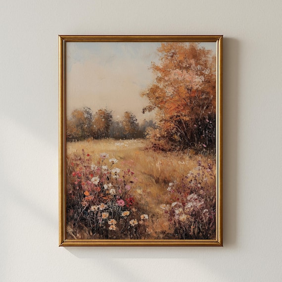 Autumn Wildflower Meadow Golden Grasses Vintage Painting Poster