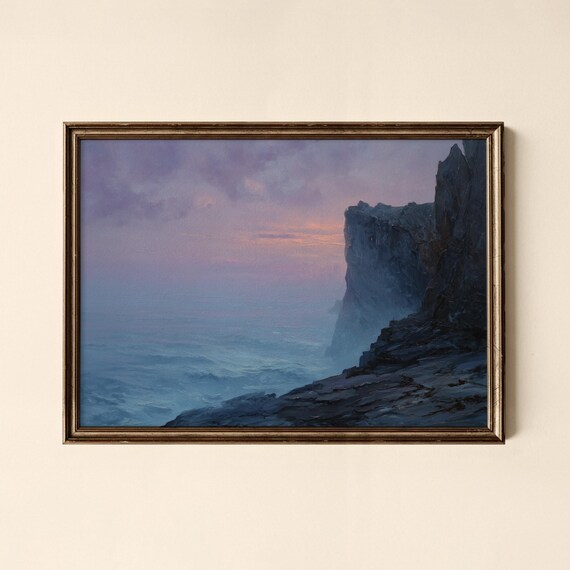 Rocky Cliff Ocean at Dusk Purple Sky Moody Seascape Oil Print