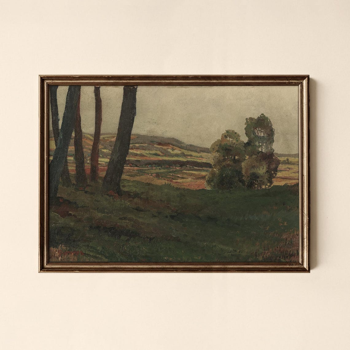 Dark Trees Rolling Hills Vintage Green Landscape Painting Poster