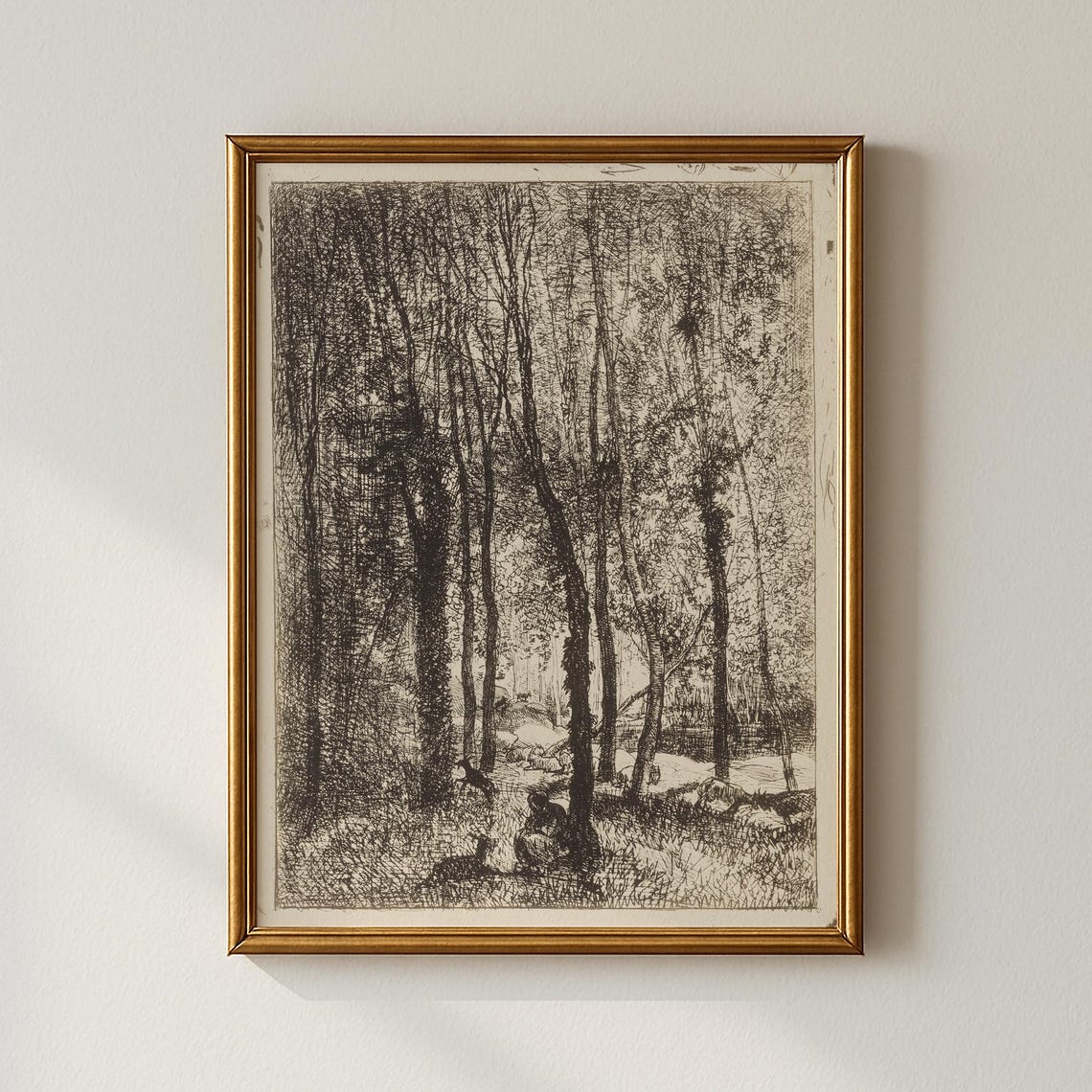 Vintage Forest Etching Resting Figure Tall Dark Woods Poster