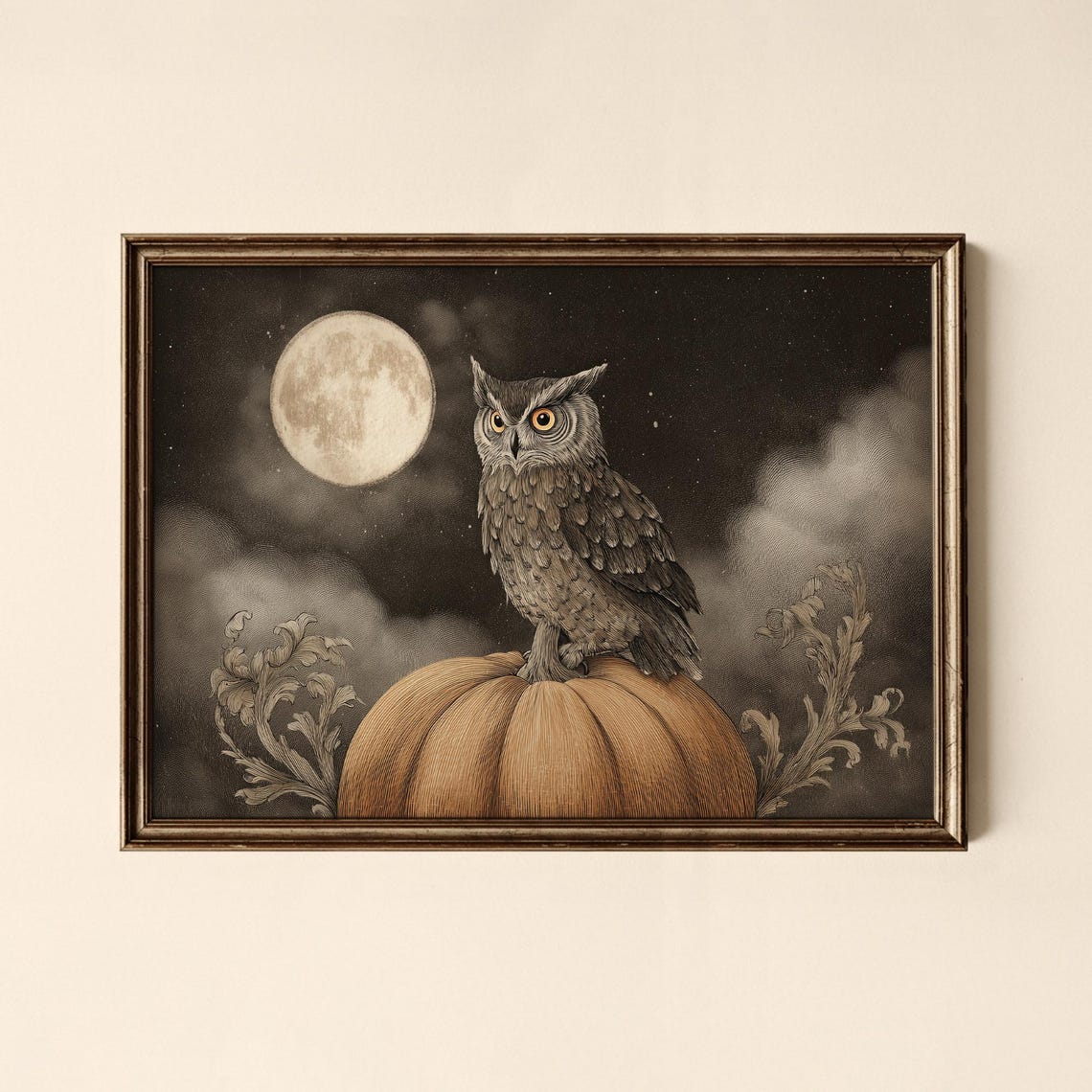 Owl Perched on Pumpkin Under a Full Moon Vintage Halloween Poster