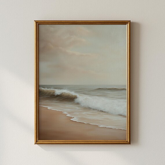Muted Vintage Ocean Waves Soft Coastal Seascape Neutral Poster