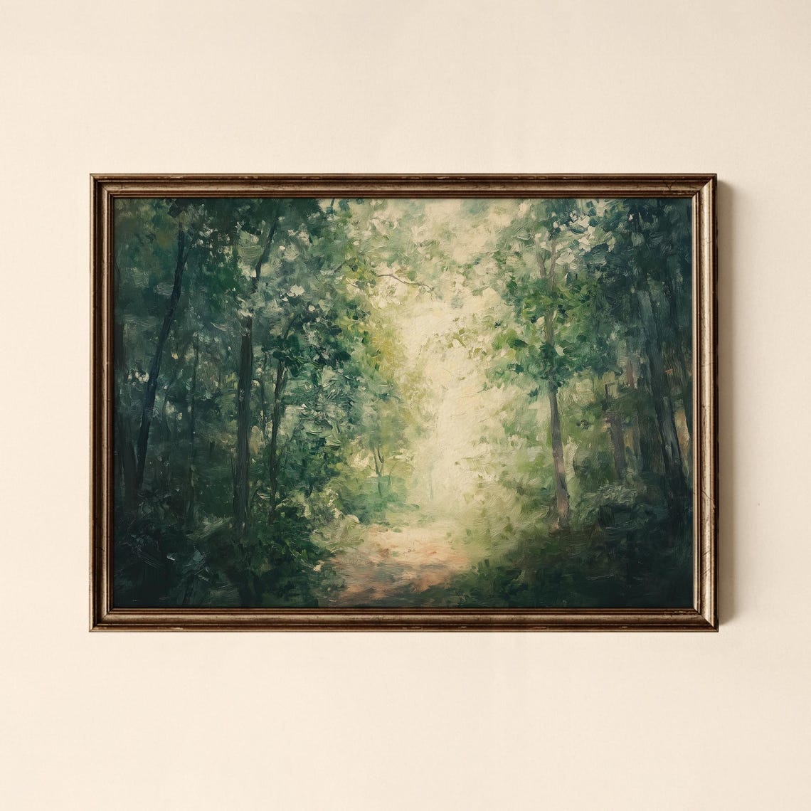 Sunlit Forest Path Impressionist Landscape Art Poster In Green Tones
