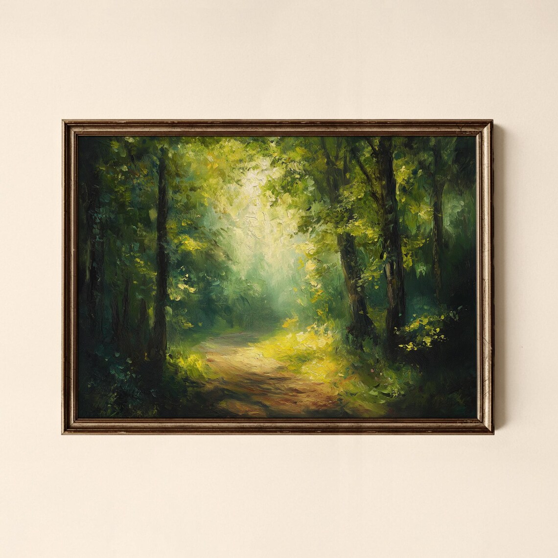 Sunbeams on Forest Path Vintage Woodland Oil Painting Wall Print